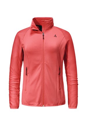 Korallenfarbene Jacke mit Reißverschluss, geripptem Muster, hohem Kragen und schwarzem Reißverschluss. Verfügt über zwei mit Reißverschluss versehene Seitentaschen und ein kleines Logo auf der Brust.