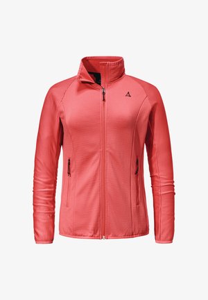 Korallenfarbene Jacke mit Reißverschluss, geripptem Muster, hohem Kragen und schwarzem Reißverschluss. Verfügt über zwei mit Reißverschluss versehene Seitentaschen und ein kleines Logo auf der Brust.