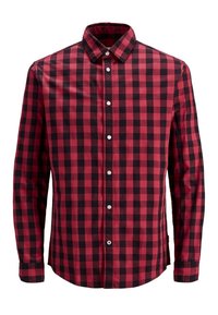 Red and black checkered long-sleeve shirt made of cotton with a button-down collar and white buttons along the front.