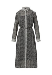 Schwarz-weiß gemustertes Kleid mit Kragen, langen Ärmeln, tailliertem Schnitt und einem leichten, fließenden Stoff.