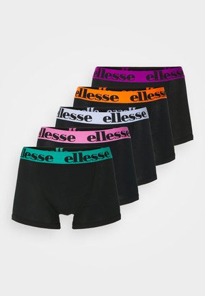 Black boxer shorts featuring elastic waistbands in purple, orange, light blue, pink, and green, each with the "ellesse" logo prominently displayed.