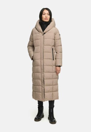 Beige puffer coat with a high collar, zippered pockets, and a long, straight design. The coat features horizontal stitching for texture.
