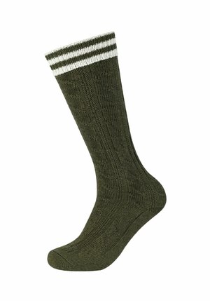 Oliven grønne strikkede sokker med et struktureret mønster og hvidstribede ribbede manschetter, der har et højt crew cut design for ekstra varme.