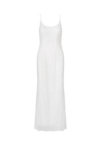 Weißes, bodenlanges Kleid mit dünnen Trägern, das strukturierte, gewellte Muster aufweist. Der Stoff scheint leicht und mit einer glatten Oberfläche versehen zu sein.