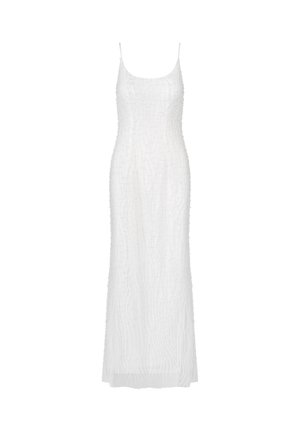 White, floor-length dress with thin straps, featuring textured, wavy patterns. Fabric appears lightweight with a smooth finish.