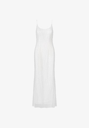 White, floor-length dress with thin straps, featuring textured, wavy patterns. Fabric appears lightweight with a smooth finish.