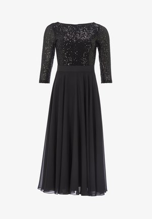 Schwarzes Abendkleid mit einem Pailletten-verzierten Oberteil, Dreiviertelärmeln und einem fließenden Rock. Glatte Textur und A-Linie-Silhouette.