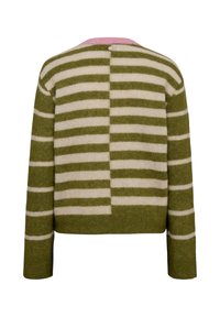 Pull à manches longues à rayures horizontales vertes et crème avec un col rose, vu de dos.