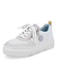 Baskets blanches avec des accents gris et lavande, en cuir perforé, bout arrondi, lacets blancs, détail de fermeture éclair et semelle en caoutchouc texturé.