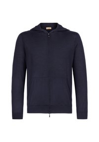 Marinblå zip-up hoodie i lättviktstyg med dragkedja framtill, två sidofickor och dragsko i huvan. Mjukt tyg.