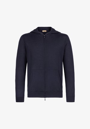 Marineblauer Kapuzenpullover mit Reißverschluss aus leichtem Stoff, ausgestattet mit einem Frontreißverschluss, zwei seitlichen Taschen und einer Kordelzugkapuze. Glatte Textur.