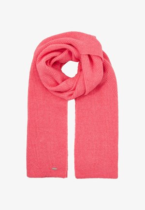 Rosa gestrickter Schal mit gerippter Struktur, zu einer Schleife gedreht. Verfügt über ein kleines silbernes Logo-Tag near dem Ende. Weiches und warmes Design.