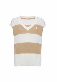 Top a righe in maglia crema e beige, con scollo a V e maniche corte a cappuccio. Include un dettaglio del logo nell'angolo in alto a sinistra.