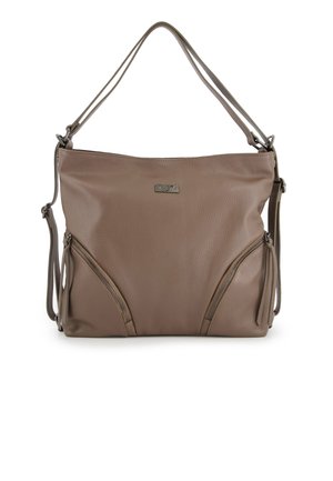 Braune Lederhandtasche mit zwei Reißverschlusstaschen, verstellbarem Schultergurt und glatter Textur. Mit einem metallischen Logoakzent.
