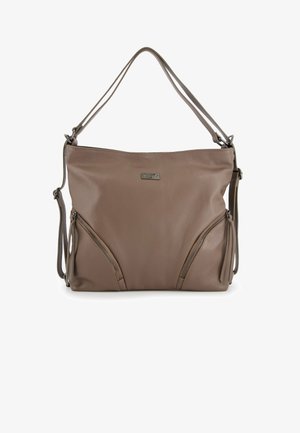 Brown leather handbag with two zippered pockets, adjustable shoulder strap, and a smooth texture. Features a metallic logo accent.