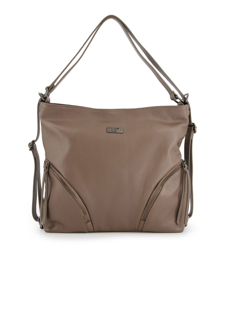 Brown leather handbag with two zippered pockets, adjustable shoulder strap, and a smooth texture. Features a metallic logo accent.