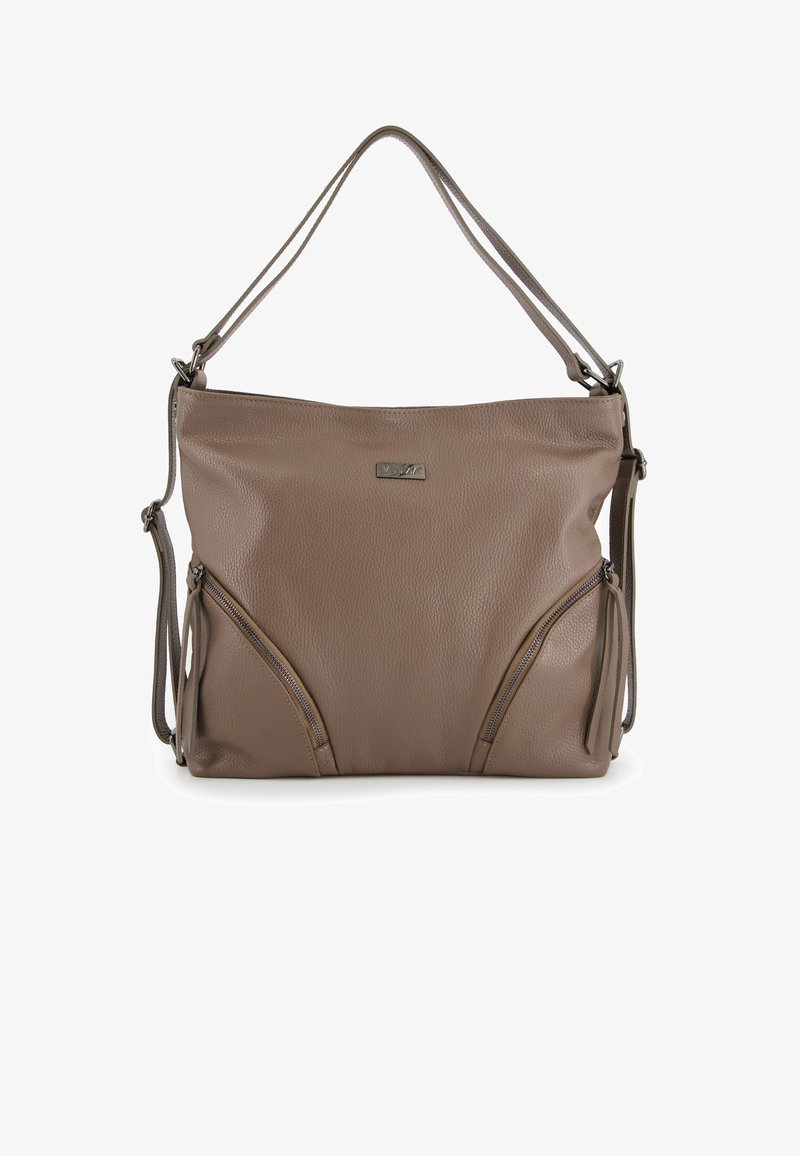 Brown leather handbag with two zippered pockets, adjustable shoulder strap, and a smooth texture. Features a metallic logo accent.