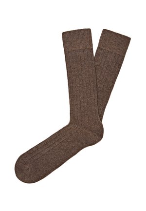 Calze marroni a coste, realizzate in lana, con un tessuto testurizzato e un bordo superiore ripiegato. Il design presenta coste verticali in tutto il prodotto.