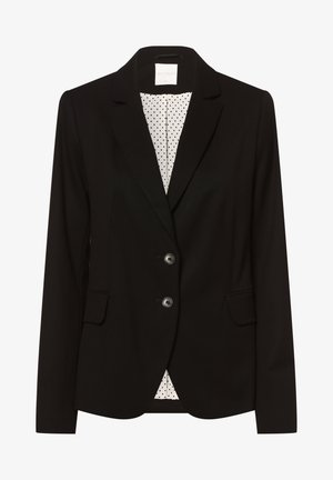 Schwarzer Blazer mit zwei vorderen Knöpfen, Reverskragen und zwei Taschen. Das Innenfutter besteht aus einem weißen Stoff mit schwarzen Punkten.
