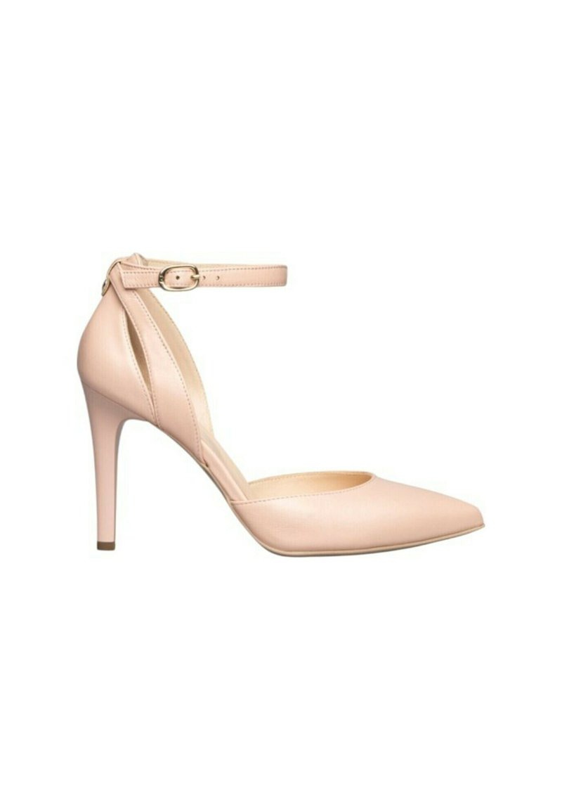 Décolleté in pelle nuda con tacco a spillo alto 10 cm, punta affusolata e cinturino alla caviglia, caratterizzati da una texture liscia.