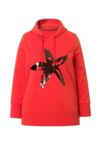 Sudadera roja con un gran diseño de flor de lentejuelas negras y plateadas, con capucha ajustable y puños acanalados. Estilo clásico de pullover.