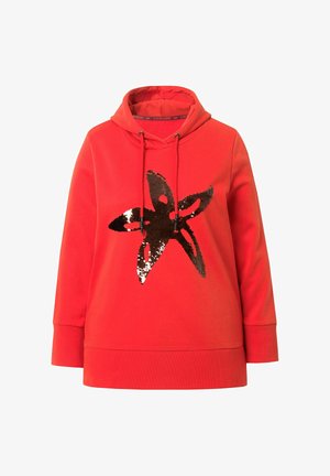 Rød hoodie med et stort blomsterdesign i sort og sølvfarvede paljetter, komplet med justerbar hætte og ribbede ærmer. Klassisk pullover stil.
