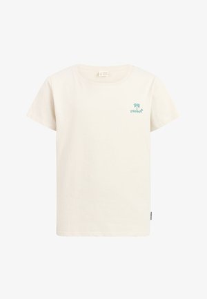 Fløjlsfarvet bomuld t-shirt med korte ærmer, der har en lille turkis palme grafik og teksten "PROTEST" på brystet.