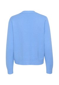 Cardigan tricotat de culoare albastru deschis, cu guler rotund, mâneci lungi și tiv ondulat. Textura pare netedă și moale. Vedere din spate.