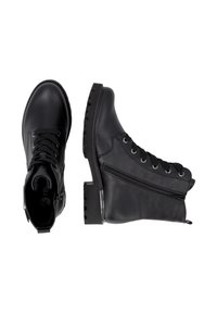 Paire de bottines en cuir noir à lacets avec fermetures éclair latérales et semelles épaisses avec crampons, montrées vues de dessus et de côté sur fond blanc.