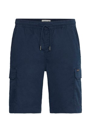 Tengerészkék cargo rövidnadrág elasztikus derékrésszel és húzózsinórral. Oldalsó zsebekkel és egy kis címkével a bal lábon. Pamut anyag.