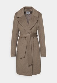 Wollmischung-Trenchcoat in einem warmen Braunton, mit breitem Kragen, tailliertem Gürtel, zwei Seitentaschen und geradlinigem Design.