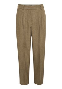 Brązowe spodnie o dopasowanym kroju, wykonane z teksturowanej tkaniny, z prostymi nogawkami, przednimi fałdami i paskiem do noszenia.