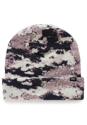 Bonnet tricoté avec revers plié, motif camouflage abstrait en noir, blanc et rose, avec une petite étiquette logo Vans sur le revers.