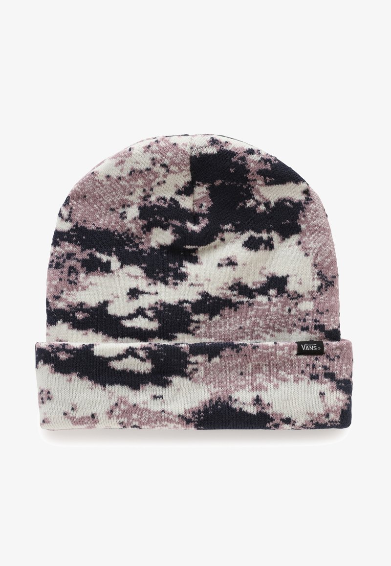 Bonnet tricoté avec revers plié, motif camouflage abstrait en noir, blanc et rose, avec une petite étiquette logo Vans sur le revers.
