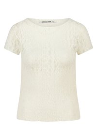 Lyhythihainen kerma väriinen pitsipaita, jossa on kukkakuvioita ja pyöreä pääntie. Tuotemerkki "America Today" on ommeltu kauluksen sisäpuolelle.