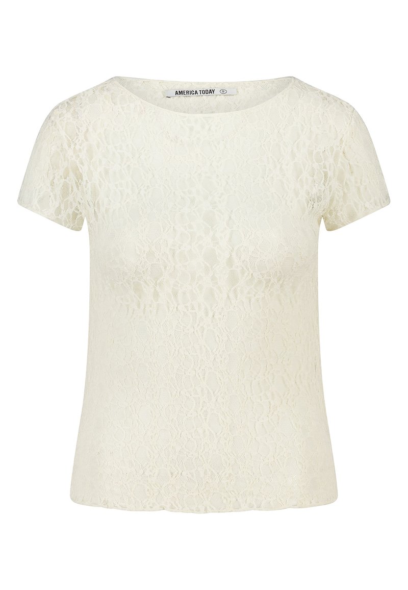 Lyhythihainen kerma väriinen pitsipaita, jossa on kukkakuvioita ja pyöreä pääntie. Tuotemerkki "America Today" on ommeltu kauluksen sisäpuolelle.