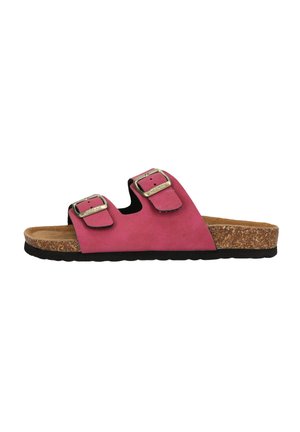 Pink suede sandals with two adjustable buckles, cork footbed, and textured black rubber sole. Open-toe design and flat profile.