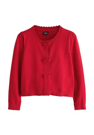 Red long-sleeve knitted cardigan with scalloped round neckline and three decorative bow closures down the front.
