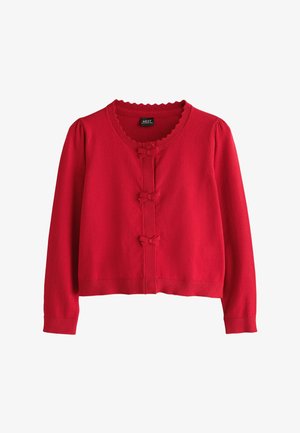 Roter langärmeliger gestrickter Cardigan mit welligem Rundhalsausschnitt und drei dekorativen Schleifenverschlüssen vorne.