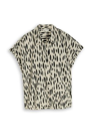 Chemise à manches courtes boutonnée avec un motif tacheté abstrait noir et blanc et un col pointu, présentée à plat sur fond blanc.