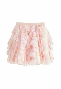 Rosa Tüllrock mit geschichteten Rüschen und floralen Mustern. Elastischer Bund und glitzernde Akzente auf dem Stoff. Leicht und schwingendes Design.
