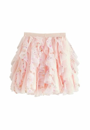 Roze tule rok met gelaagde ruches en bloemmotieven. Elastische tailleband en glinsterende accenten op de stof. Lichtgewicht en flowy ontwerp.
