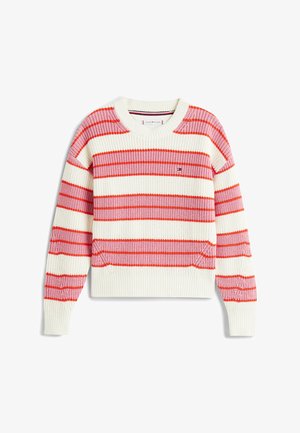 Pleteni pulover s horizontalnimi črtami v rdeči in rožnati barvi na kremasto belem ozadju. Okrround izrez z rebrastimi manšetami in robom.