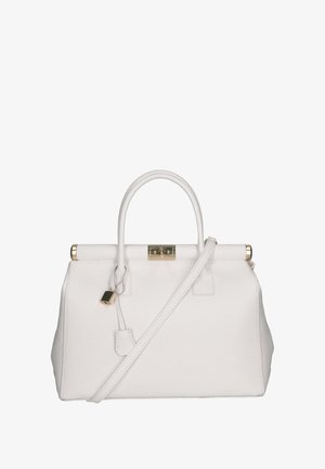 Witte leren handtas met een gestructureerde vorm, korte handvatten en een afneembare schouderriem. Beschikt over gouden accenten en een slotdetail.