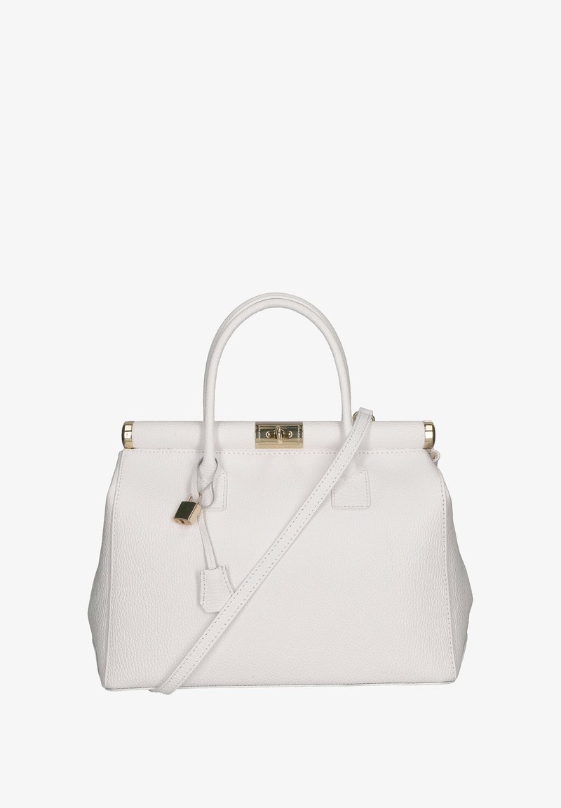 Borsa a mano in pelle bianca con forma strutturata, manici corti e tracolla removibile. Presenta dettagli in oro e una chiusura a lucchetto.