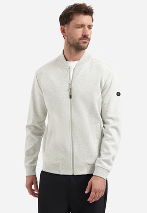 Man in een lichtgrijze zip-up jas met zijzakken en zwarte broek, die naar rechts kijkt tegen eenplain witte achtergrond.
