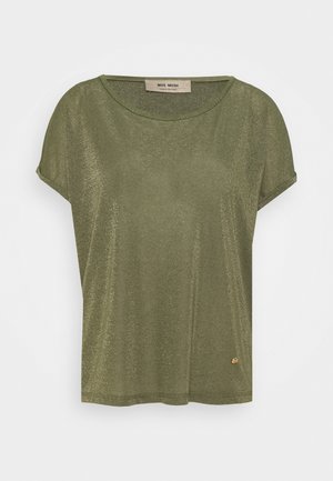 Khaki zielona koszulka o luźnym kroju, z krótkimi rękawami i delikatnym połyskiem. Posiada zaokrąglony dekolt i mały element z logo.