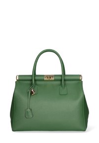 Borsa a mano verde in pelle con un design strutturato, due manici corti, una chiusura dorata e un'etichetta laterale. Superficie testurizzata e minimi dettagli in metallo.