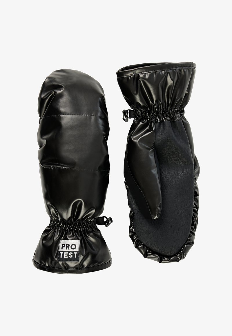 Zwarte geïsoleerde wanten met een glanzend, waterdicht exterieur, elastische manchetten en een geperforeerde leren handpalm. Inclusief 'PRO TEST' logo patch.
