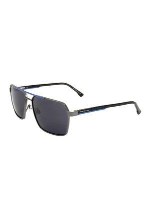 Occhiali da sole Tom Tailor neri e blu con lenti rettangolari scure e montatura metallica sottile, mostrati da un leggero angolo su sfondo bianco.